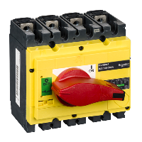 31123 - switch disconnector, Compact INS250-200, 200A, with red rotary handle and yellow front, 4 poles, Schneider Electric