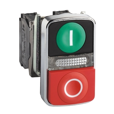 XB4BW73731M5 - green flush/red projecting illuminated double-headed pushbutton diam.22 1NO+1NC 240V, Schneider Electric